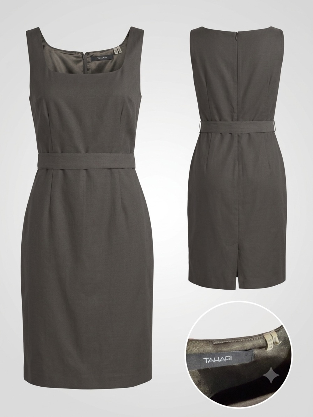 Tahari Charcoal Gray Sleeveless Sheath Dress with Belt